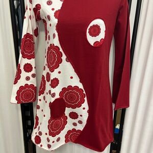 Red and White Floral Long Sleeve Dress